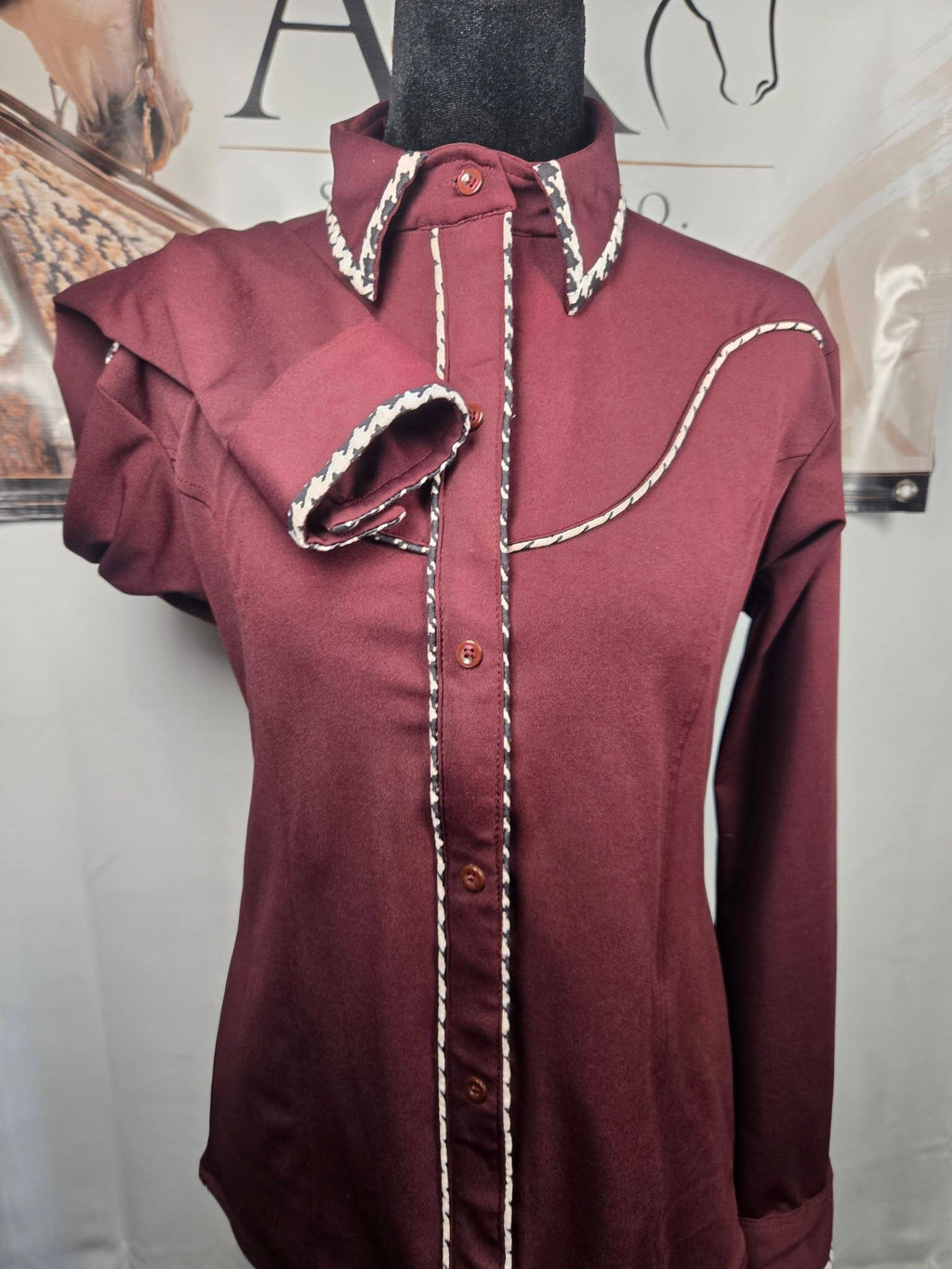 Ranch Horse show shirt with Contrast Piping - Burgundy