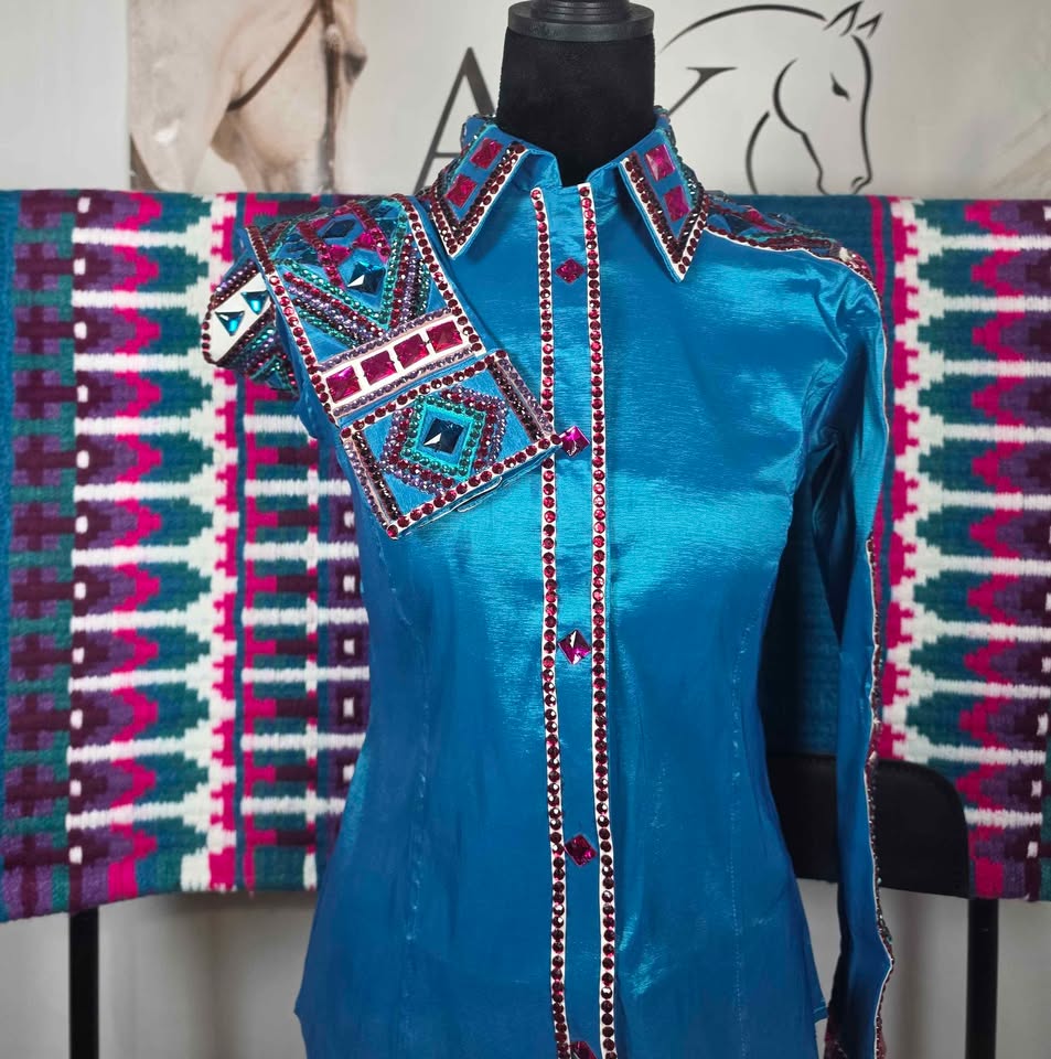 💎🩷 TURQUOISE & HOT PINK WESTERN SHOW SHIRT + MATCHING PAD 🩷💎 - XXS