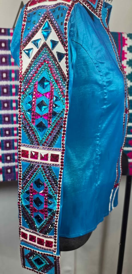 💎🩷 TURQUOISE & HOT PINK WESTERN SHOW SHIRT + MATCHING PAD 🩷💎 - XXS