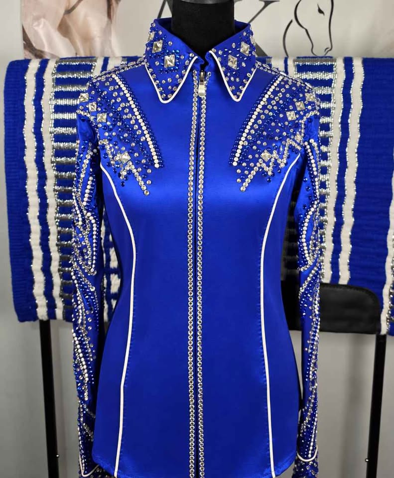 Royal Blue Western Horse Show Shirt  - Large & Matching Oversized Saddle Pad 34x42 - SET