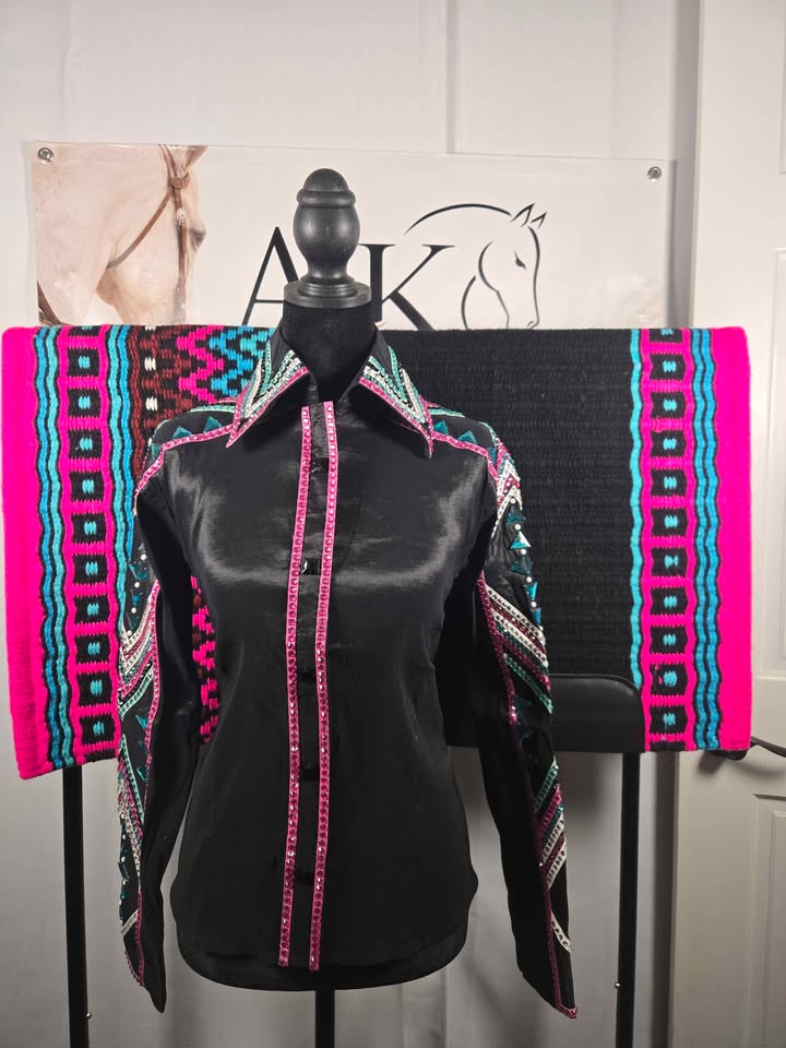 Black Western Show Shirt & Matching Oversized Saddle Pad - Size Large